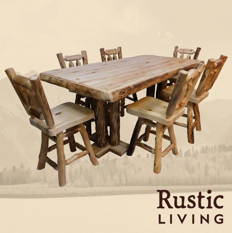 A rustic log counter height table with accompanying chairs, made of wood with a natural finish.