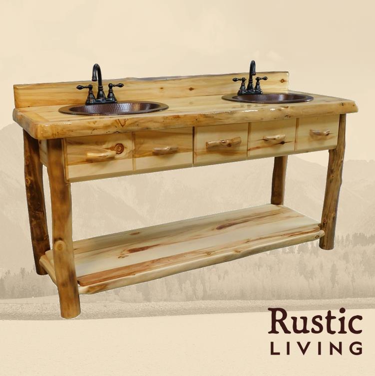 Aspen Rustic Log Furniture log couple's 1 drawer vanity handmade in America using solid wood custom made for your mountain cabin, lodge, farmhouse, ranch and western lifestyle. A rustic wooden vanity with dual sinks, faucets, and a lower shelf.