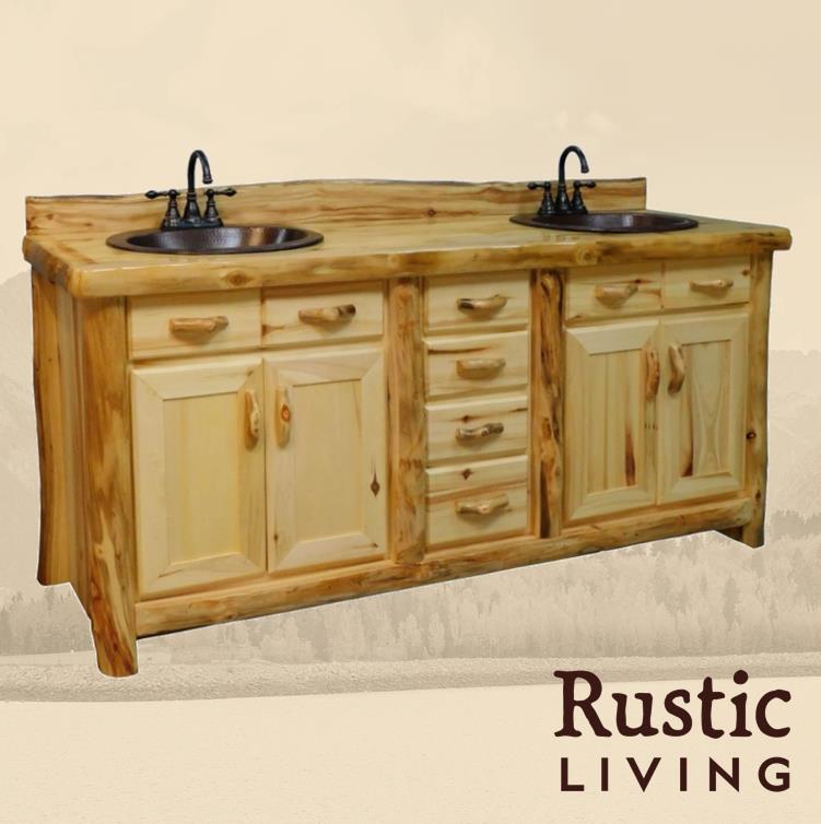 Aspen Rustic Log Furniture log couple's 4 drawer vanity in flat front handmade in America using solid wood custom made for your mountain cabin, lodge, farmhouse, ranch and western lifestyle. A rustic wooden double vanity with a flat front design, featuring multiple drawers and sinks.