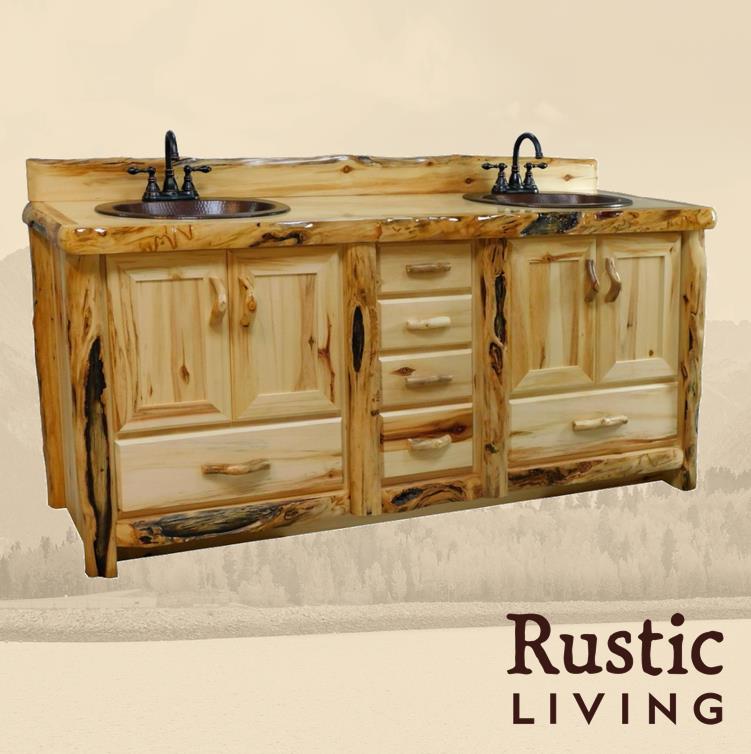 Aspen Rustic Log Furniture log couple's 6 drawer vanity in flat front handmade in America using solid wood custom made for your mountain cabin, lodge, farmhouse, ranch and western lifestyle. A rustic log couple's vanity with six drawers, a sink, and two sinks in a flat front style.