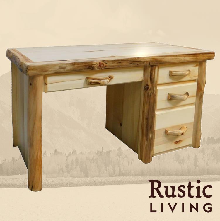 Aspen Rustic Log Furniture log desk in flat front handmade in America using solid wood custom made for your mountain cabin, lodge, farmhouse, ranch and western lifestyle.