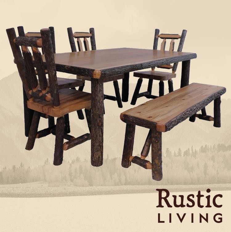 A rustic dining set including a wooden table and chairs with a bench, showcasing a natural wood finish.