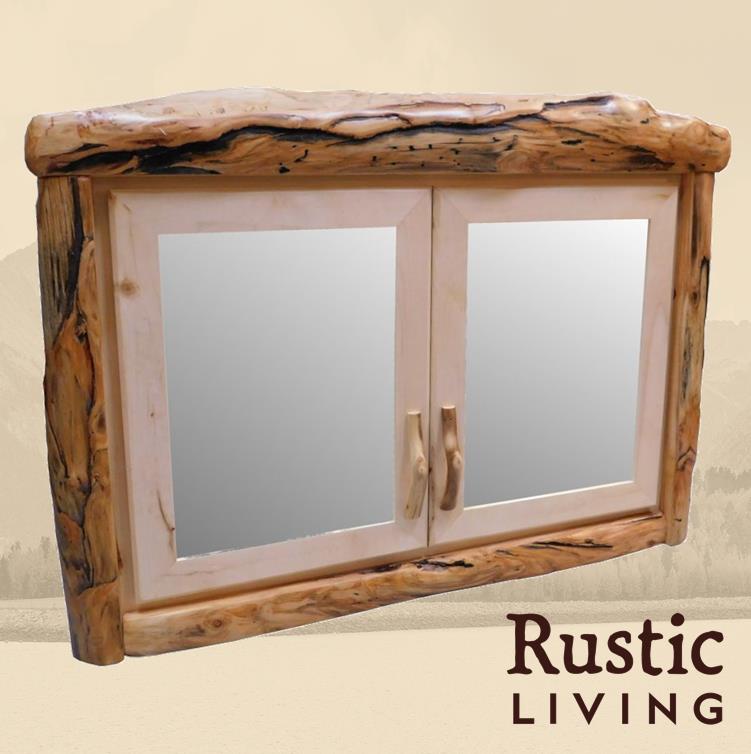 Aspen Rustic Log Furniture log double door medicine cabinet in flat front handmade in America using solid wood custom made for your mountain cabin, lodge, farmhouse, ranch and western lifestyle. A rustic wooden double door medicine cabinet with mirrored doors.