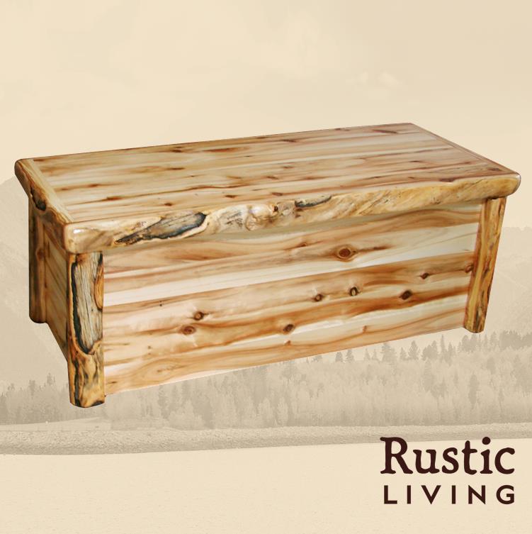 Aspen Rustic Log Furniture log hope chest in flat front handmade in America using solid wood custom made for your mountain cabin, lodge, farmhouse, ranch and western lifestyle.