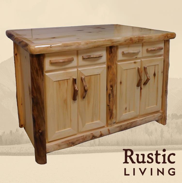 Aspen Rustic Log Furniture log island in flat front handmade in America using solid wood custom made for your mountain cabin, lodge, farmhouse, ranch and western lifestyle. Featuring undermount drawer glides, and soft close drawers and doors. Adjustable shelves included.