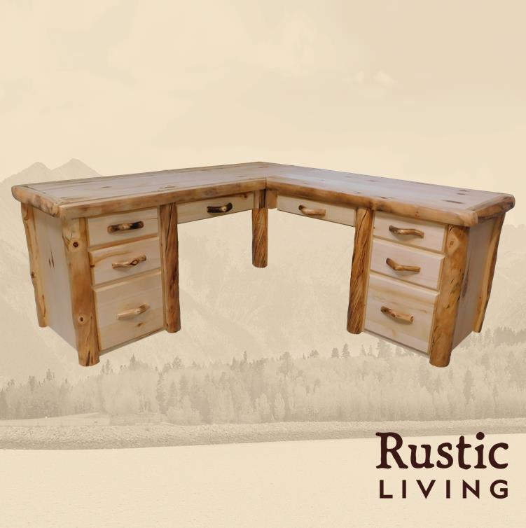 Aspen Rustic Log Furniture log l-desk in flat front handmade in America using solid wood custom made for your mountain cabin, lodge, farmhouse, ranch and western lifestyle.