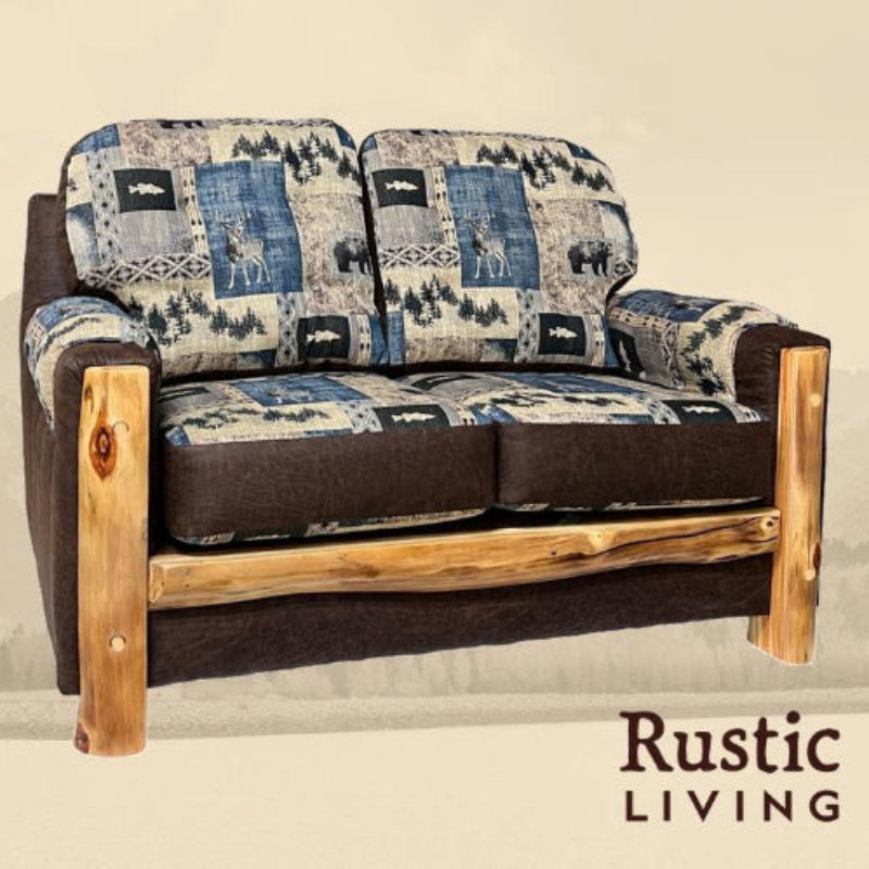 Aspen Rustic Log Furniture log mountain comfort loveseat handmade in America using solid wood custom made for your mountain cabin, lodge, farmhouse, ranch and western lifestyle.