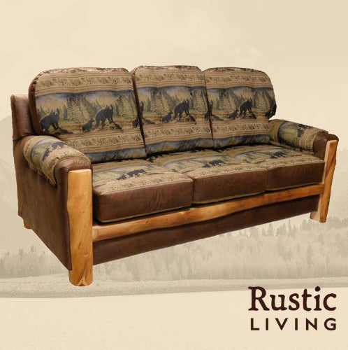 Aspen Rustic Log Furniture log mountain comfort sofa handmade in America using solid wood, laser cut premium fabric, custom made for your mountain cabin, lodge, farmhouse, ranch and western lifestyle.