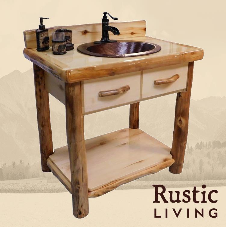 Aspen Rustic Log Furniture log open vanity in flat front handmade in America using solid wood custom made for your mountain cabin, lodge, farmhouse, ranch and western lifestyle. A rustic log open vanity with a flat front design, featuring a sink and faucet on top, false front drawers with handles, and a lower shelf.