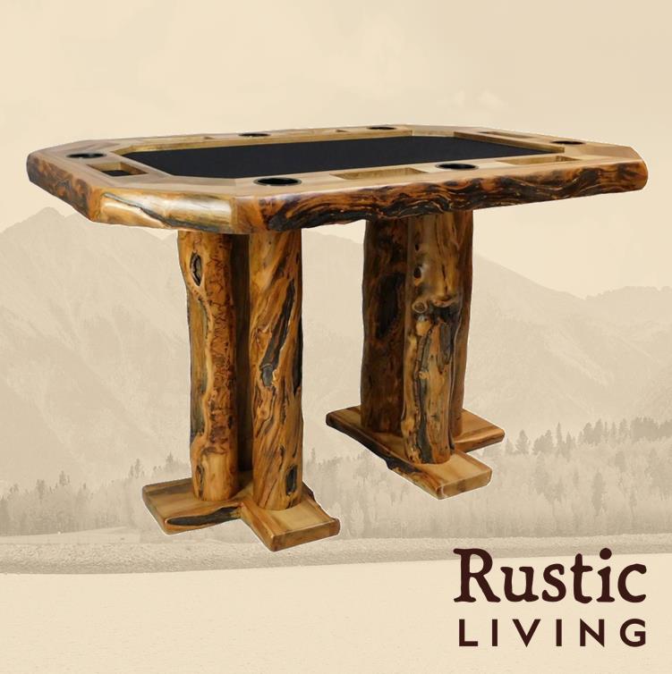 Rectangular bar height poker table with a black playing surface and rustic wooden frame and legs.