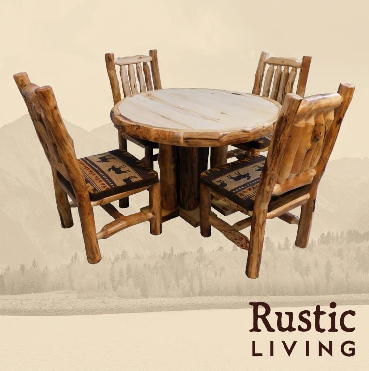 Aspen Rustic Log Furniture log round dining table handmade in America using solid wood custom made for your mountain cabin, lodge, farmhouse, ranch and western lifestyle.