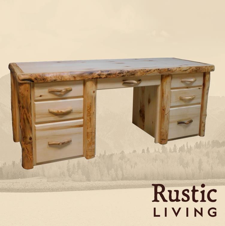 Aspen Rustic Log Furniture log sierra desk in flat front handmade in America using solid wood custom made for your mountain cabin, lodge, farmhouse, ranch and western lifestyle.