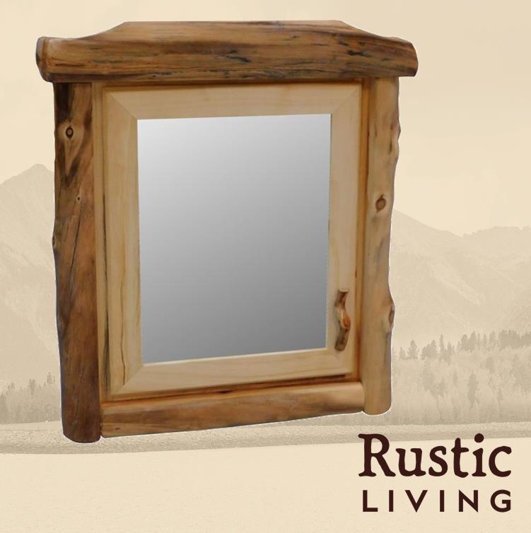 Aspen Rustic Log Furniture log single door medicine cabinet in flat front handmade in America using solid wood custom made for your mountain cabin, lodge, farmhouse, ranch and western lifestyle. A rustic wooden medicine cabinet with a mirror door, three adjustable shelves, and a flat front design.