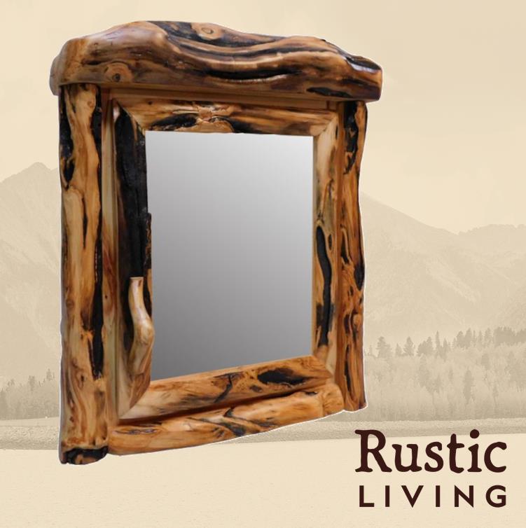 Aspen Rustic Log Furniture log single door medicine cabinet in log front handmade in America using solid wood custom made for your mountain cabin, lodge, farmhouse, ranch and western lifestyle. A rustic wooden medicine cabinet with a mirrored door.