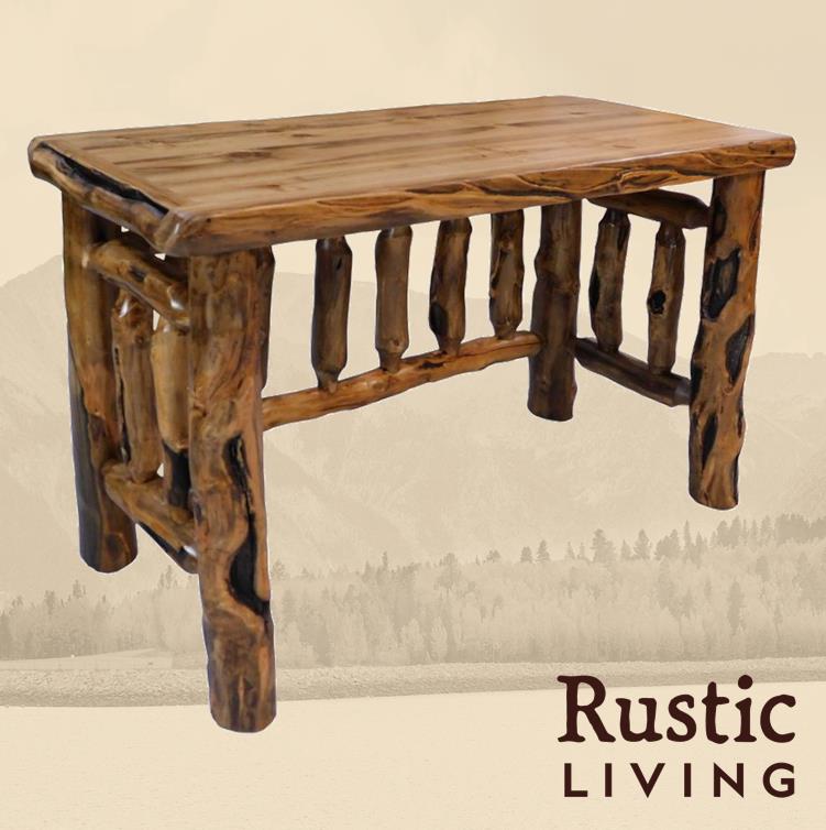 Aspen Rustic Log Furniture log spindle desk handmade in America using solid wood custom made for your mountain cabin, lodge, farmhouse, ranch and western lifestyle.
