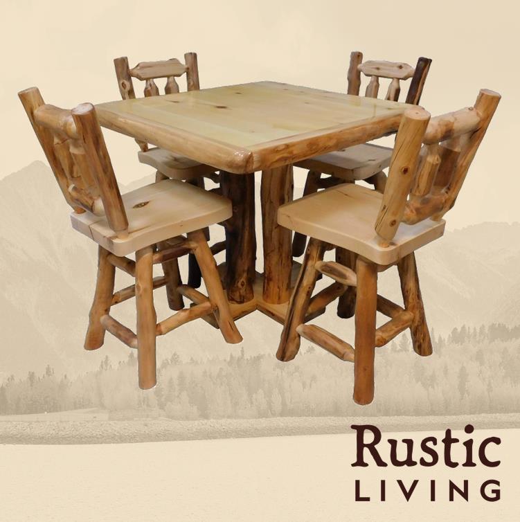 Aspen Rustic Log Furniture log square counter table handmade in America using solid wood custom made for your mountain cabin, lodge, farmhouse, ranch and western lifestyle.