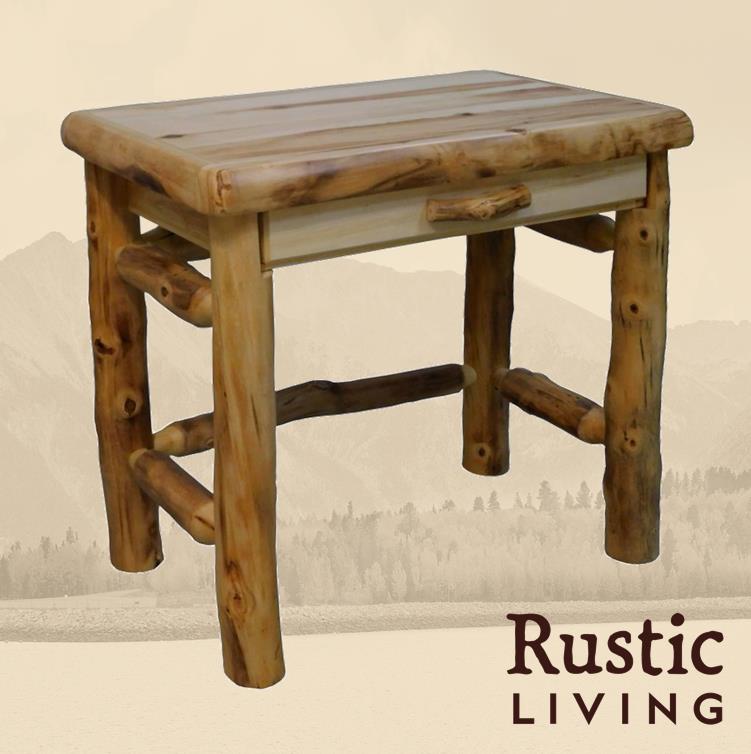 Aspen Rustic Log Furniture log table desk with drawer in flat front handmade in America using solid wood custom made for your mountain cabin, lodge, farmhouse, ranch and western lifestyle. A rustic log table desk with a drawer, featuring a flat front design.