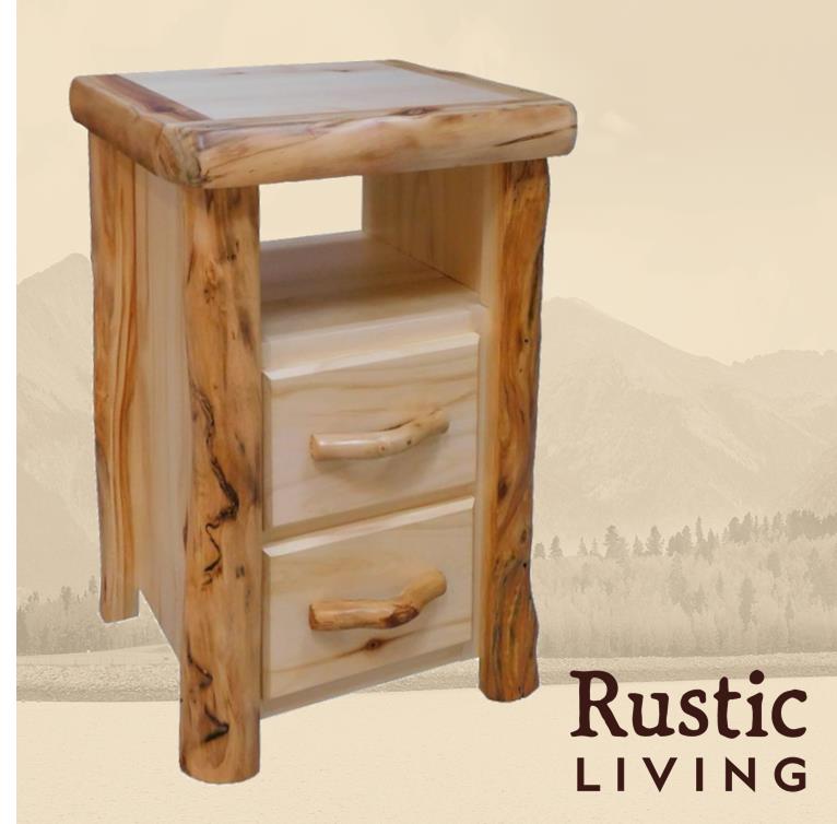 Aspen Rustic Log Furniture log timberline 2 drawer night stand in flat front handmade in America using solid wood custom made for your mountain cabin, lodge, farmhouse, ranch and western lifestyle.