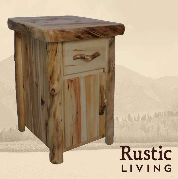 Aspen Rustic Log Furniture log timberline night stand in flat front handmade in America using solid wood custom made for your mountain cabin, lodge, farmhouse, ranch and western lifestyle.