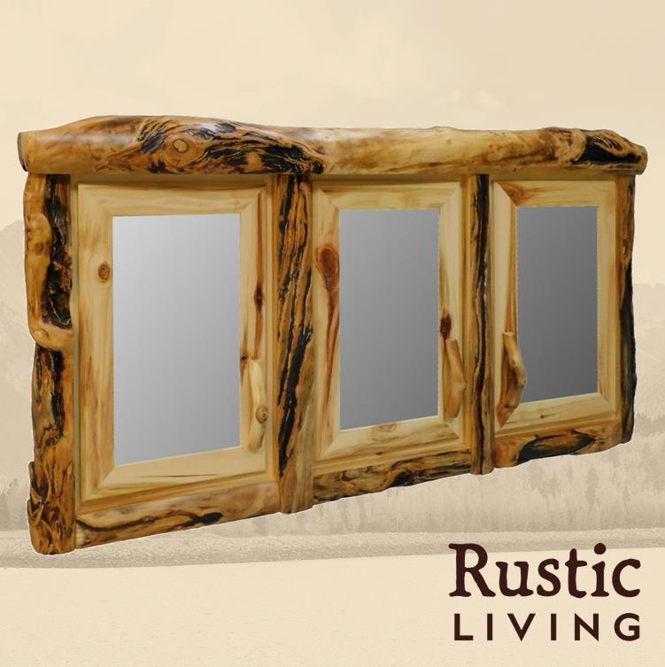 Aspen Rustic Log Furniture log triple door medicine cabinet in flat front handmade in America using solid wood custom made for your mountain cabin, lodge, farmhouse, ranch and western lifestyle. A rustic wooden triple door medicine cabinet with mirrored doors and adjustable shelves.