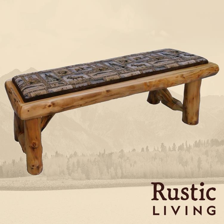 Aspen Rustic Log Furniture log upholstered dining bench handmade in America using solid wood custom made for your mountain cabin, lodge, farmhouse, ranch and western lifestyle.