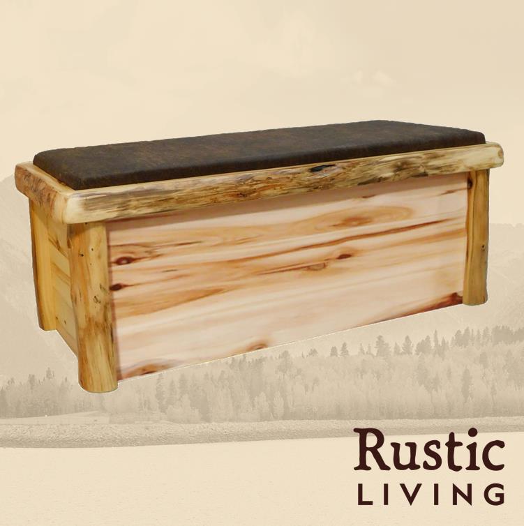 Aspen Rustic Log Furniture log upholstered hope chest in flat front handmade in America using solid wood custom made for your mountain cabin, lodge, farmhouse, ranch and western lifestyle.