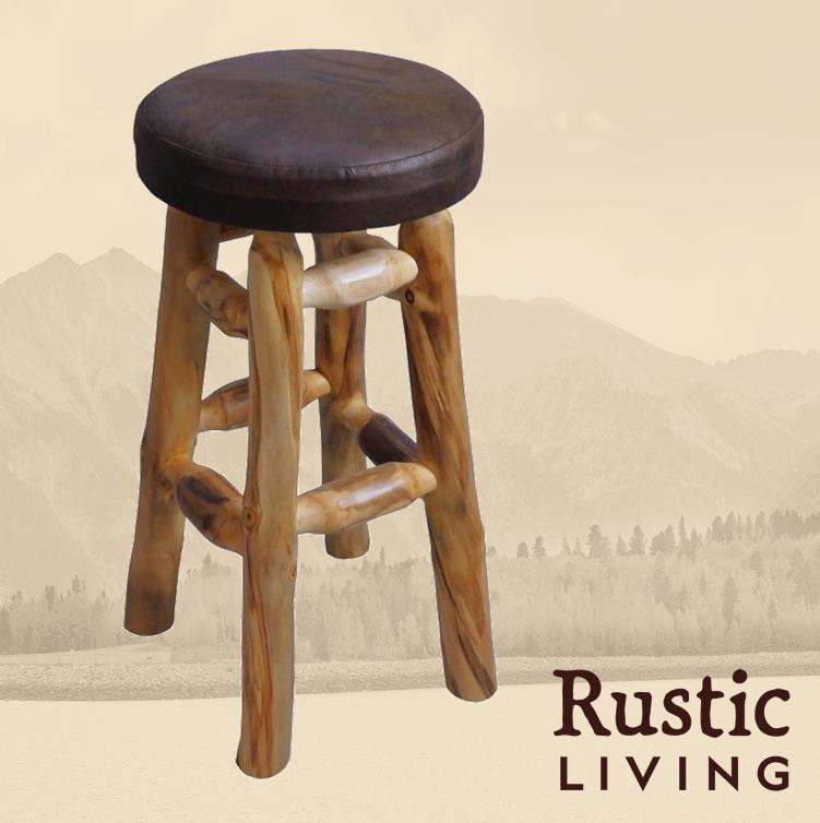 Aspen Rustic Log Furniture log upholstered swivel bar stool handmade in America using solid wood custom made for your mountain cabin, lodge, farmhouse, ranch and western lifestyle.