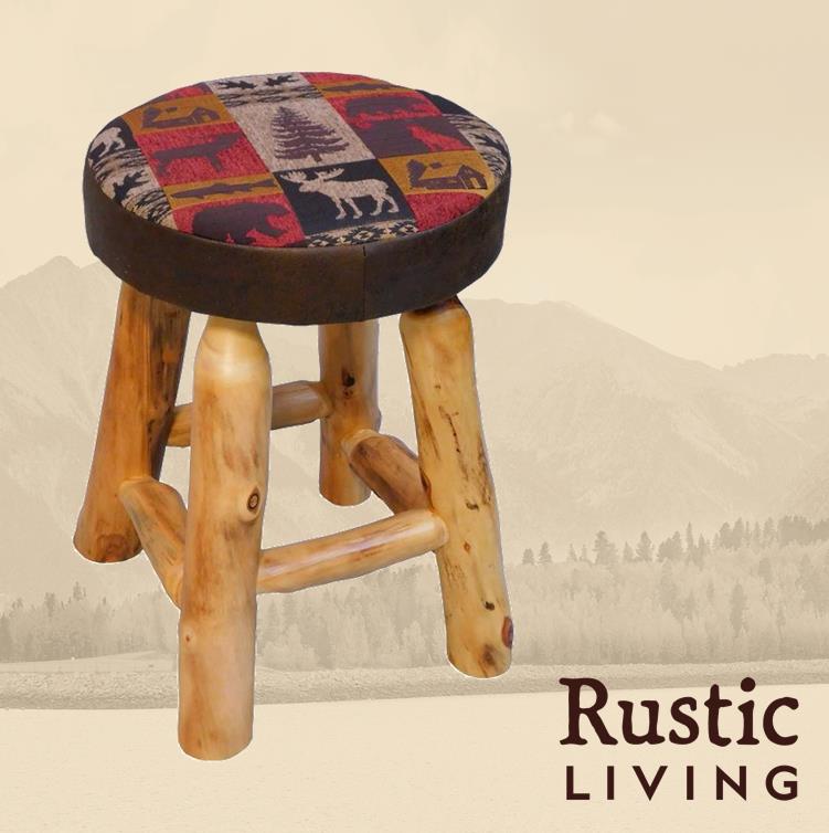 Aspen Rustic Log Furniture log upholstered dining stool handmade in America using solid wood custom made for your mountain cabin, lodge, farmhouse, ranch and western lifestyle.