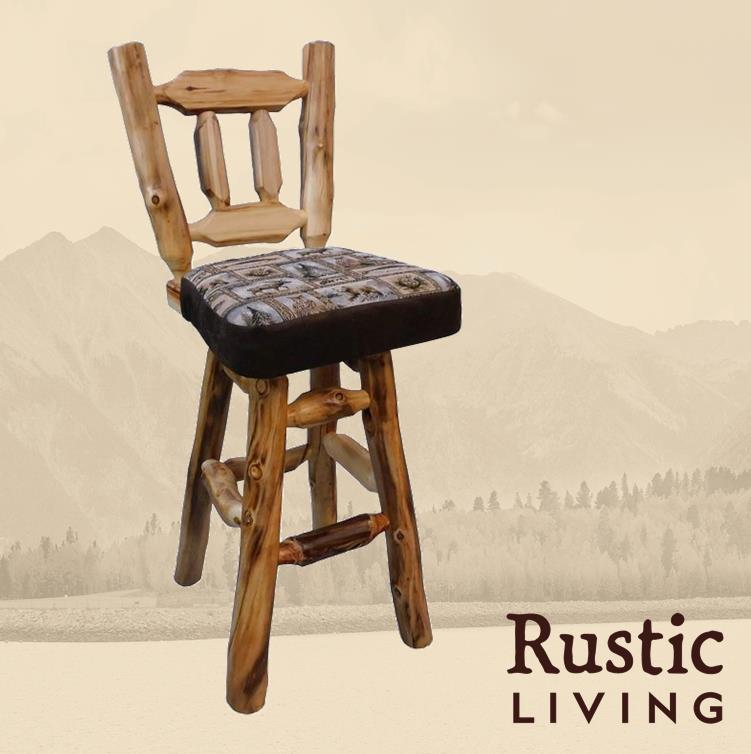 Aspen Rustic Log Furniture log upholstered bar stool handmade in America using solid wood custom made for your mountain cabin, lodge, farmhouse, ranch and western lifestyle.