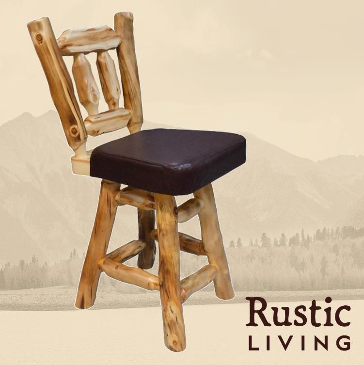 Aspen Rustic Log Furniture log upholstered woodland swivel counter stool handmade in America using solid wood custom made for your mountain cabin, lodge, farmhouse, ranch and western lifestyle.