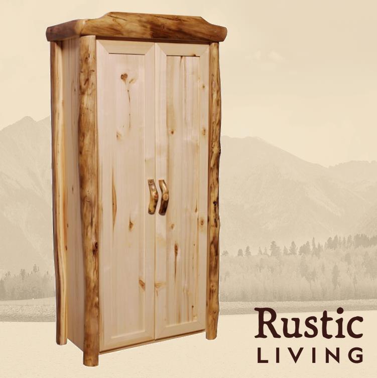 Aspen Rustic Log Furniture log wardrobe in flat front handmade in America using solid wood, soft close hinges custom made for your mountain cabin, lodge, farmhouse, ranch and western lifestyle.