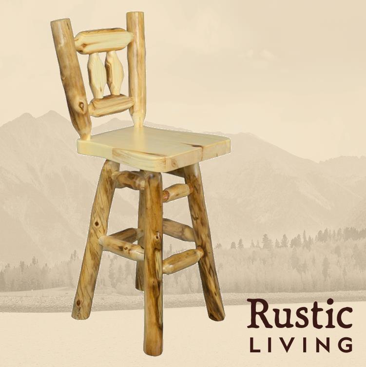 Aspen Rustic Log Furniture log woodland swivel bar stool handmade in America using solid wood custom made for your mountain cabin, lodge, farmhouse, ranch and western lifestyle. A wooden swivel bar stool with a natural finish, featuring a full back and seat.