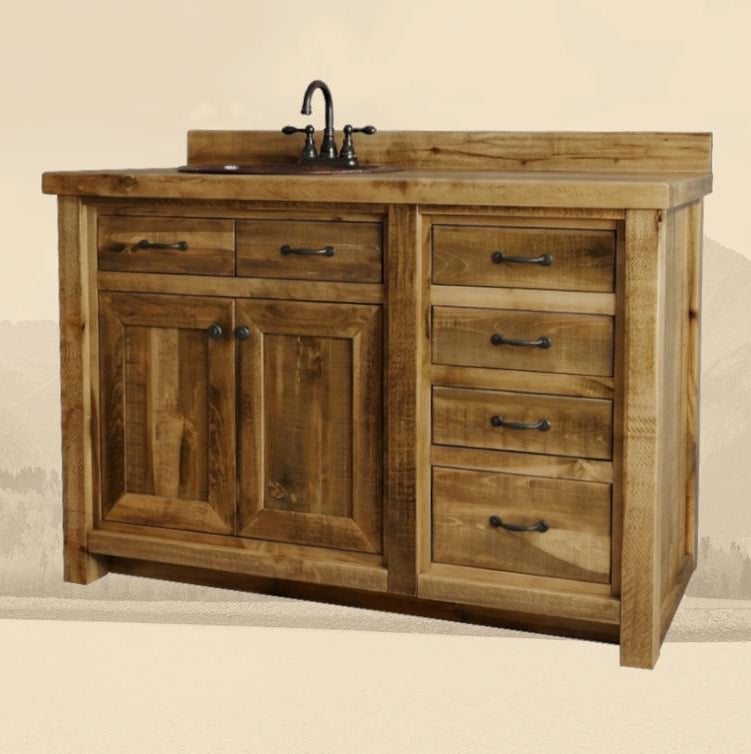 Farmhouse 4 drawer bathroom vanity with a single sink on a beige background