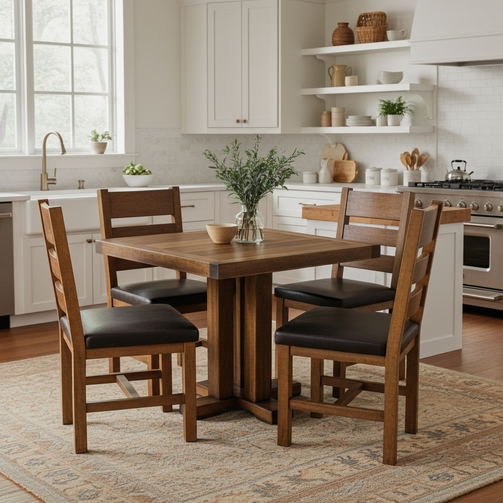 Farmhouse square dining table in a kitchen with frisco dining chairs