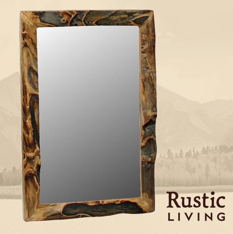 A rectangular mirror with a rustic wooden frame, displaying a natural wood pattern.