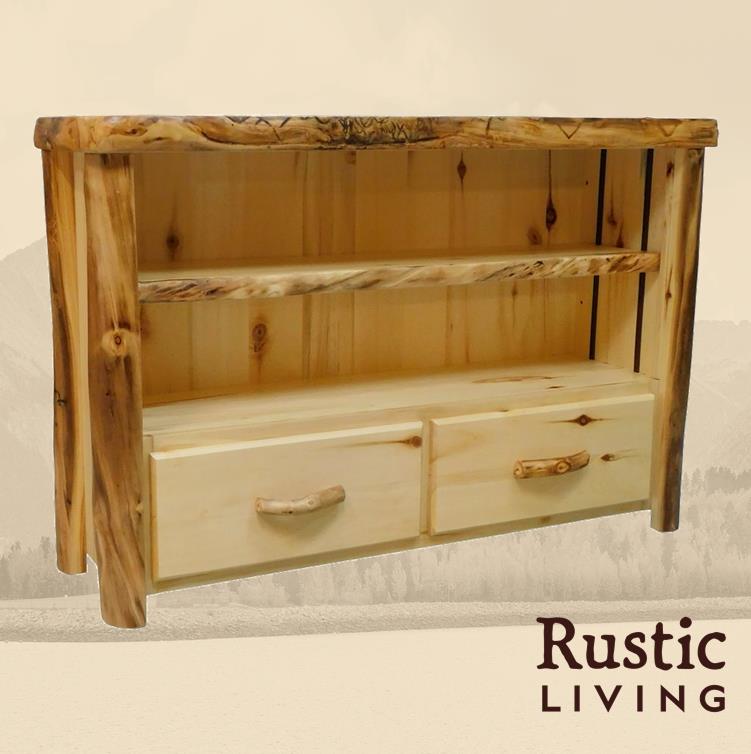 A wooden log bookcase with a flat front design, featuring one drawer and two open shelves.