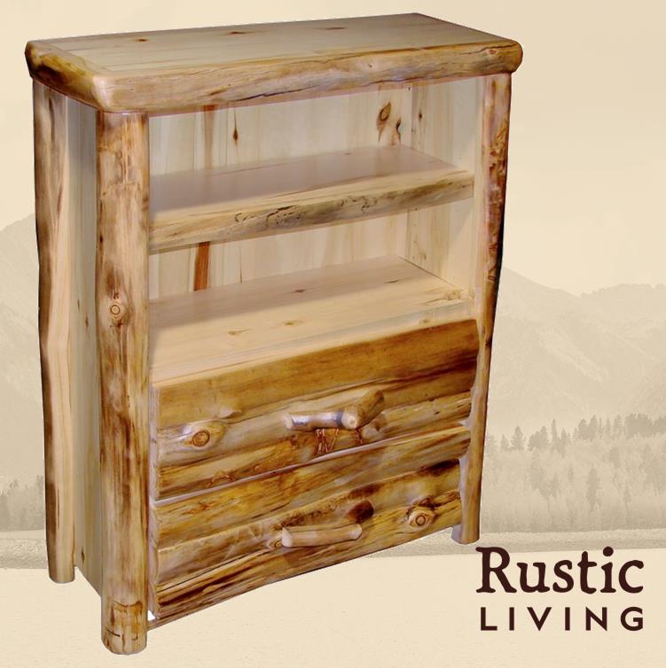 A rustic style wooden bookcase with two drawers and adjustable shelving.