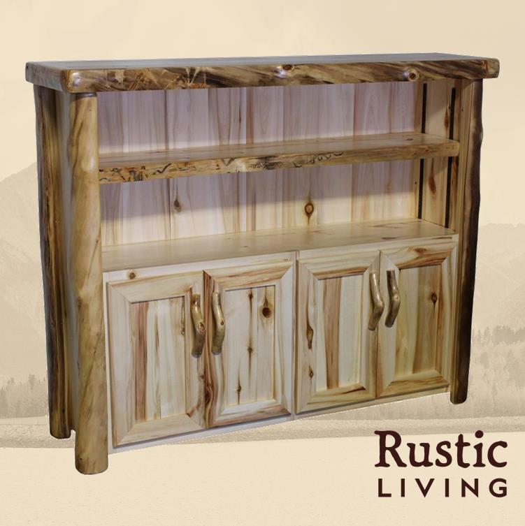 A rustic wooden bookcase with flat front shelves and a cabinet with doors.