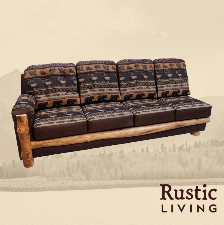 A rustic style sofa with a patterned fabric and wooden elements.
