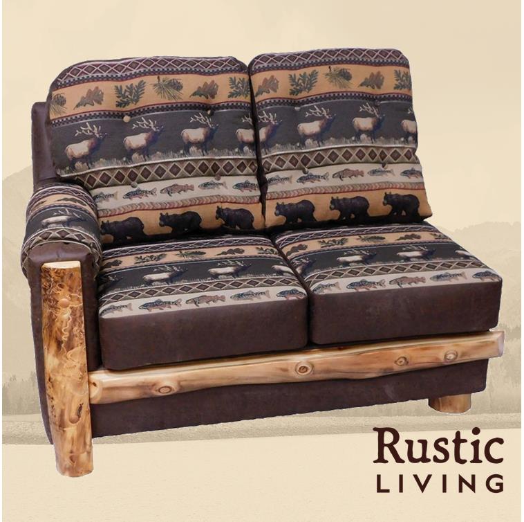 A Log LH Mountain Comfort Section Love Seat with a fabric pattern featuring bears and other wildlife.