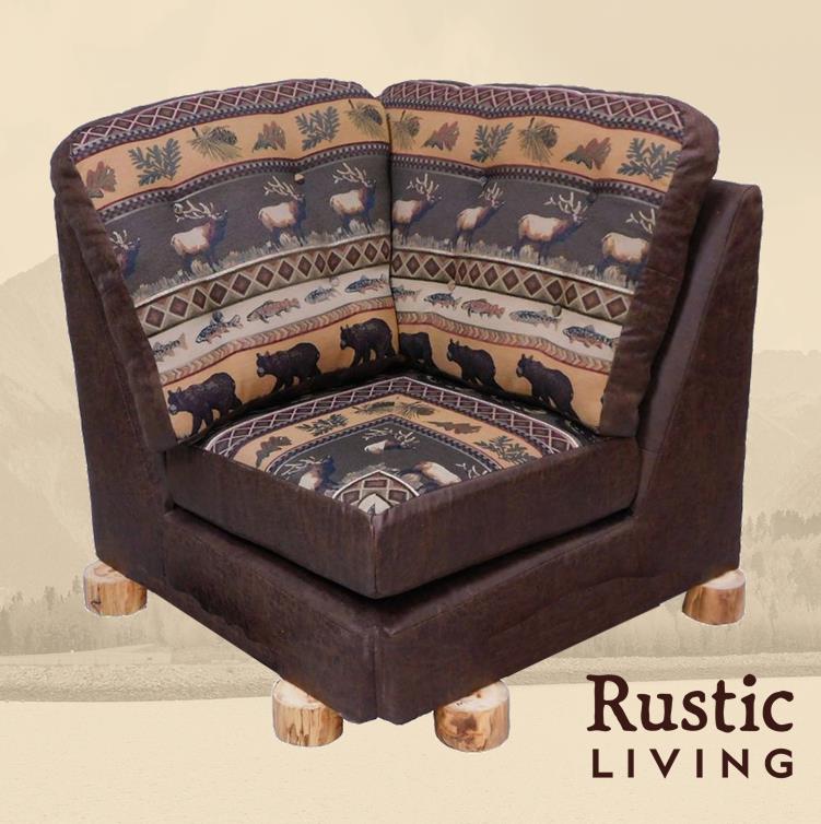 A rustic style corner section sofa with patterned fabric featuring bear motifs