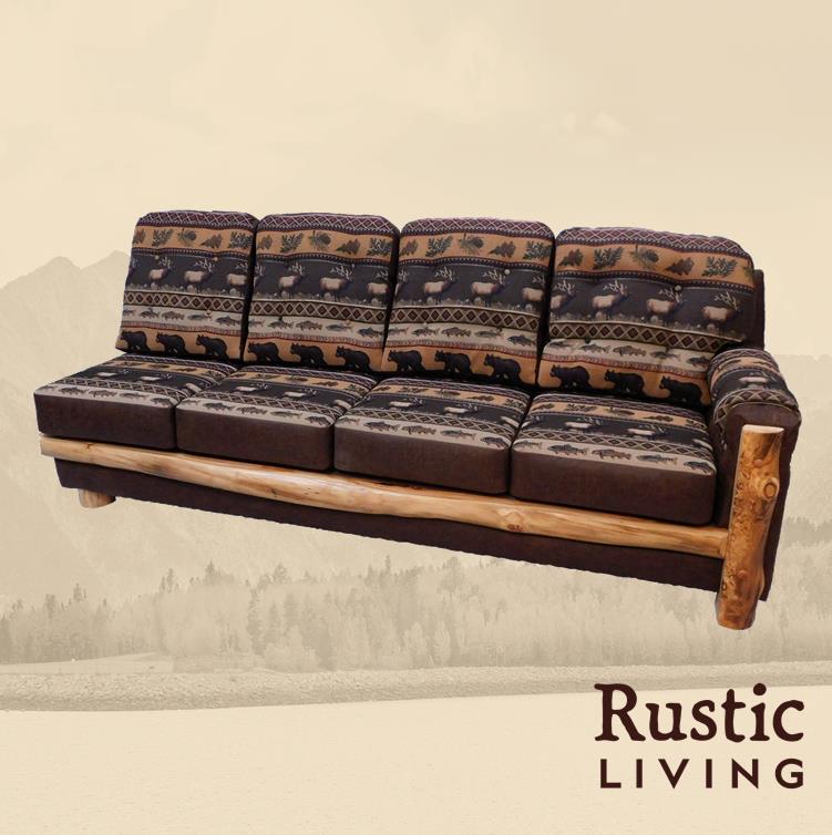 A rustic style sofa with a patterned fabric and wooden frame.