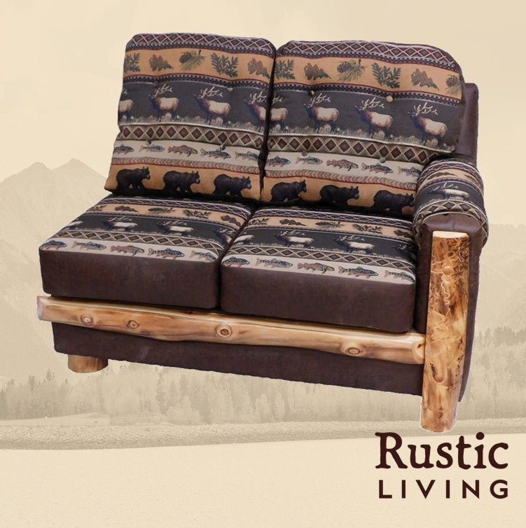 A rustic style loveseat sofa with patterned fabric and a wooden frame.
