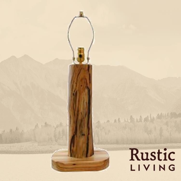 A wooden log table lamp with a natural finish.