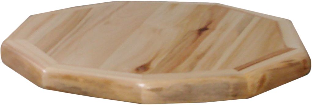 A rustic log table with an octagonal shape, featuring a natural wood finish.
