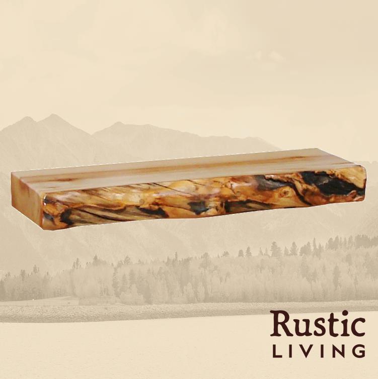 A rustic wooden floating shelf with a natural wood finish.