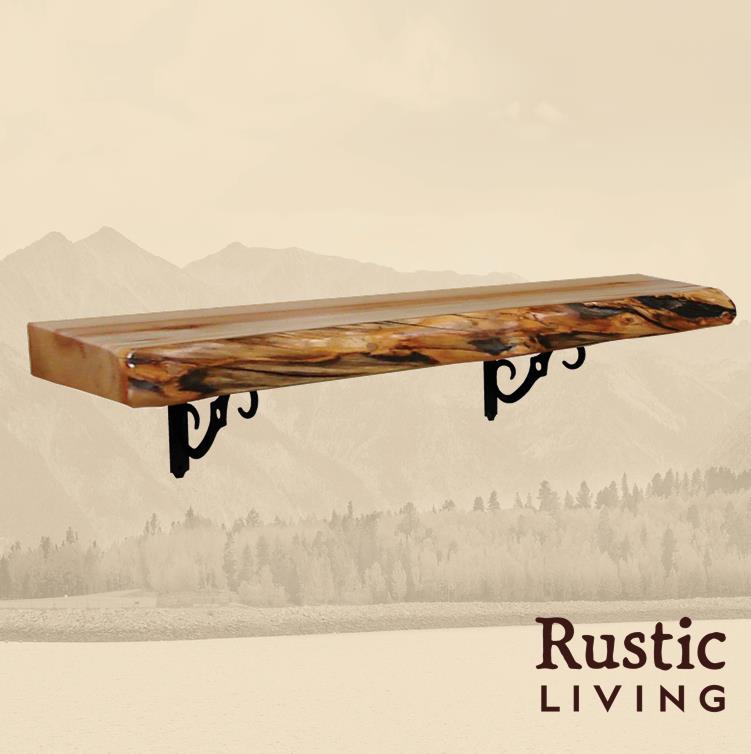 A rustic wooden shelf with metal brackets mounted on a wall.