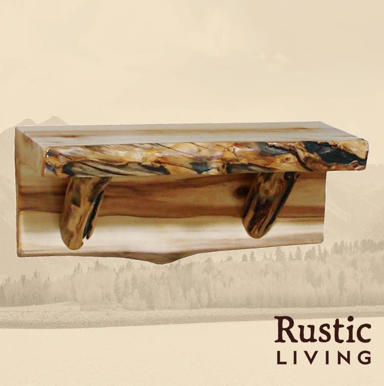 A rustic wooden wall shelf with a natural wood finish.
