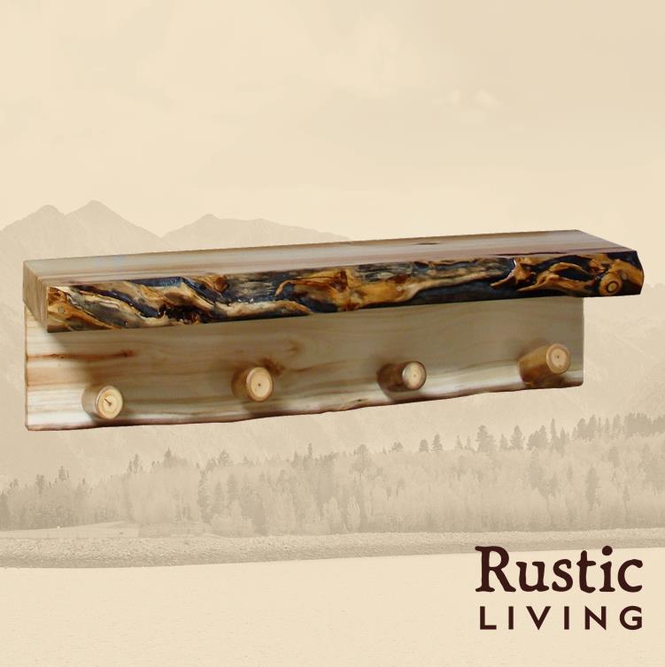 A rustic wooden wall shelf with coat hooks below.