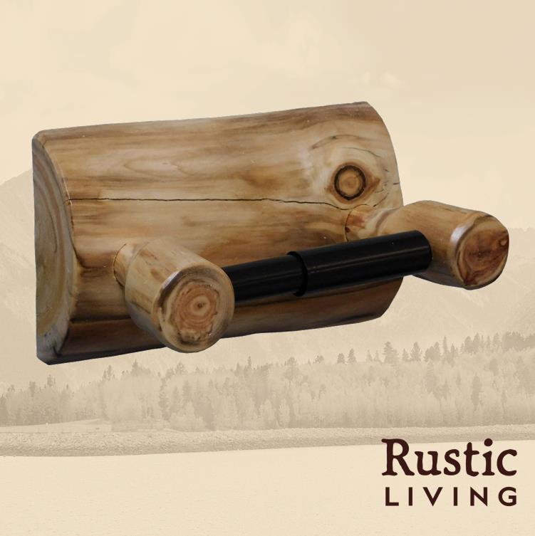 A rustic wooden toilet paper holder mounted on a wall.